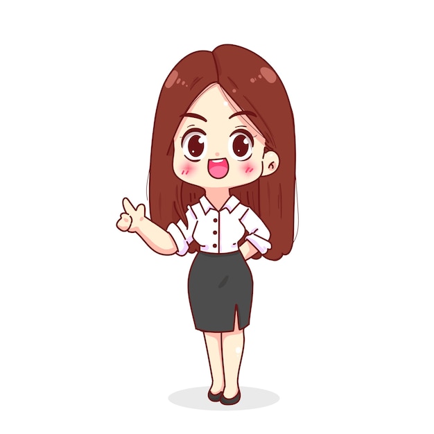 Free vector woman smiling and pointing to empty copy space business woman character hand drawn cartoon illustration