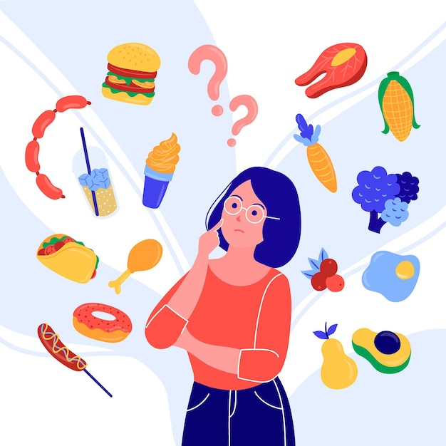 Free Vector woman trying to choose a category of food