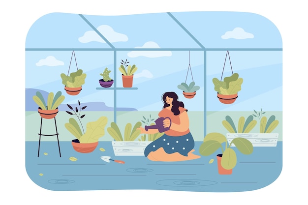 Free Vector woman watering plants in interior garden. flat illustration