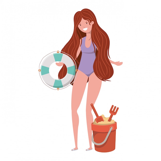 Free Vector woman with swimsuit and lifesaving float in white 