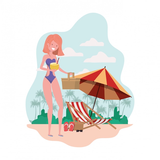 Free Vector woman with swimsuit and pineapple cocktail in hand