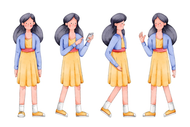 Free vector woman in yellow dress character poses