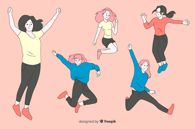 Free vector women jumping in korean drawing style