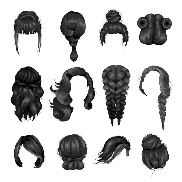 Women Wigs Hairstyle Back Icons Set