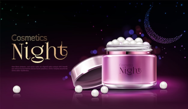 Womens night cosmetics product advertising banner, promotion poster. 