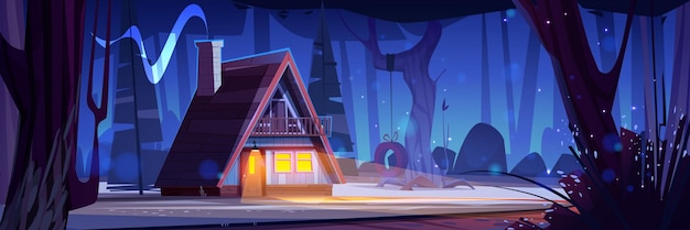 Free Vector wooden cabin in forest at night house made of wood in evening in moonlight with light in windows and from lamp cartoon natural fantasy landscape with trees fireflies and small hut with chimney