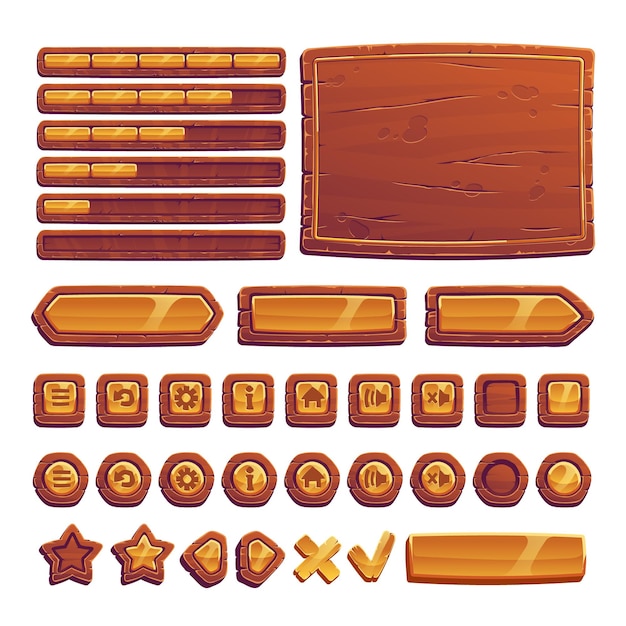 Free vector wooden and gold buttons for ui game