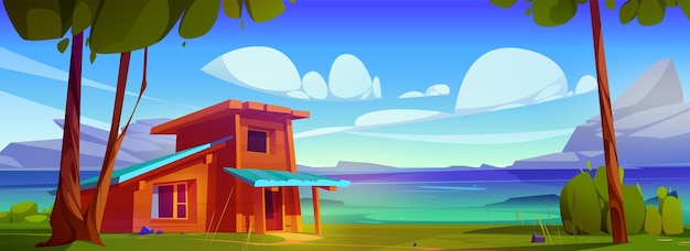 Free vector wooden house against lake and mountain landscape vector cartoon illustration of shabby old hut with porch under tall trees green grass and bushes on river bank rocks under blue sky with clouds