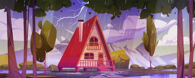 Free Vector wooden house in forest near mountains in rain