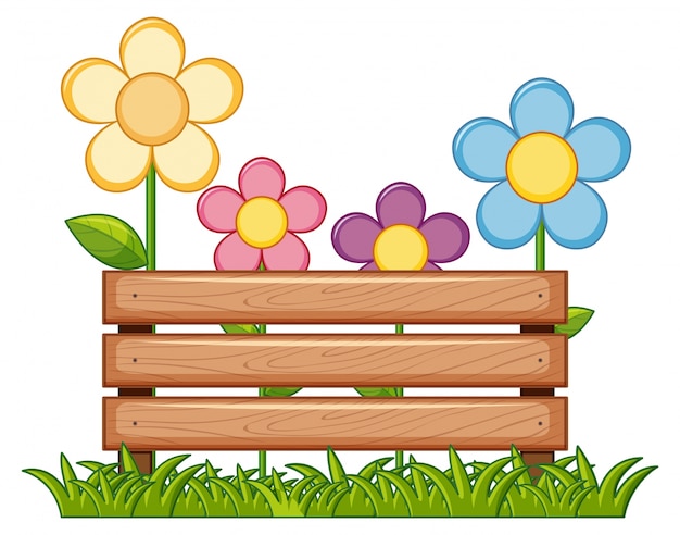 Free vector wooden sign with flowers in garden