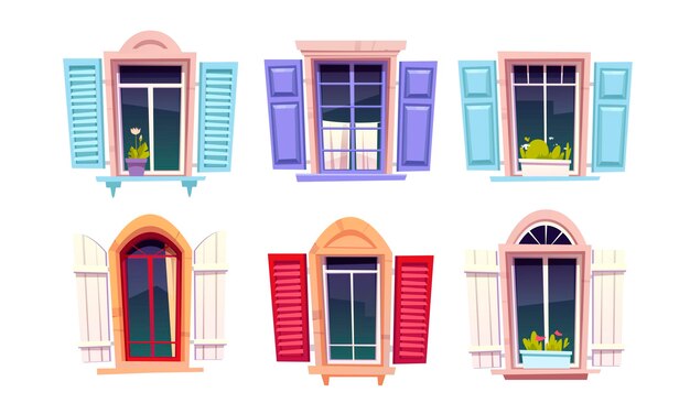 Wooden windows with open shutters in mediterranean style on white