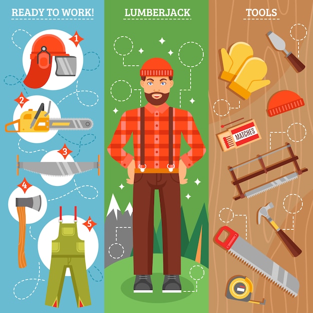 Work Of Lumberjack Vertical Banners Set