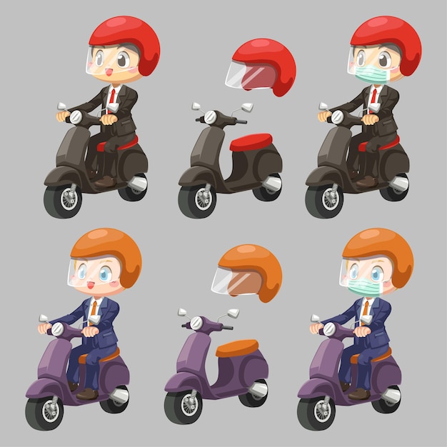 Free vector worker man wearing suit and protect antiknock riding motorcycle in cartoon character, isolated flat illustration