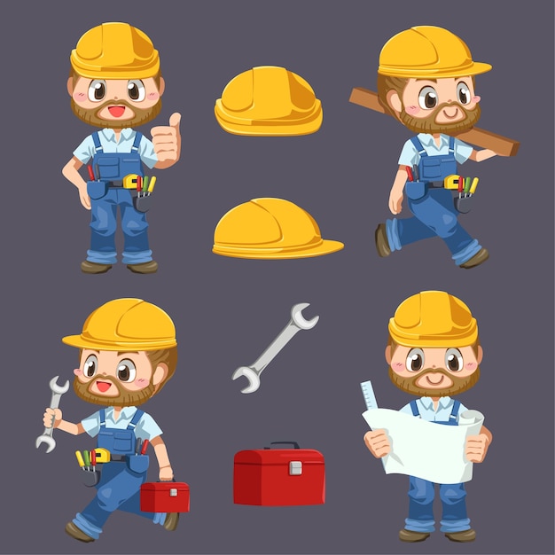 Free vector worker man wearing uniform and helmet holding tools in cartoon character, isolated flat illustration