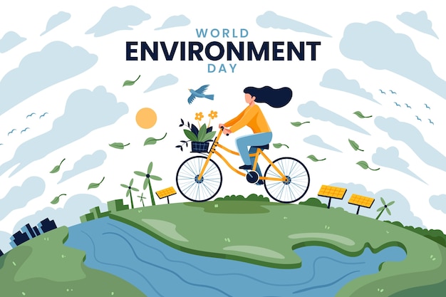 Free Vector world environment day with woman riding bicycle