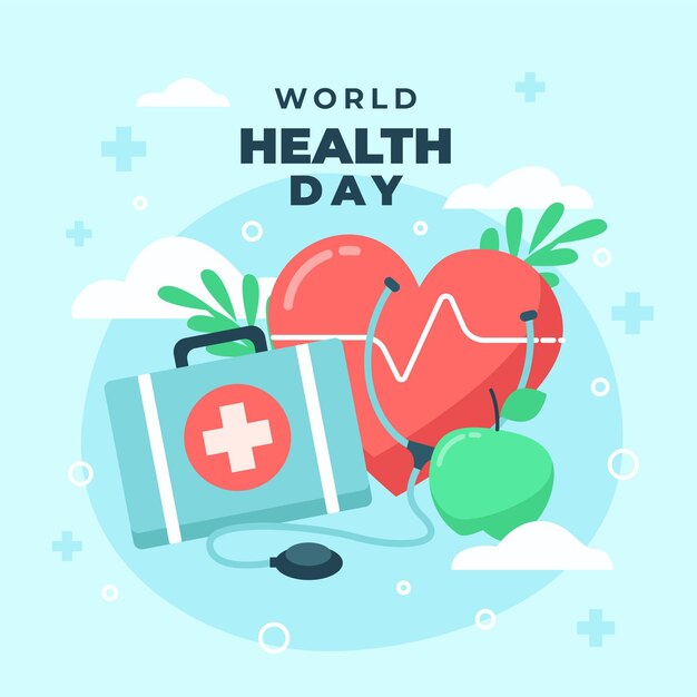 World health day illustration with heart and first aid kit