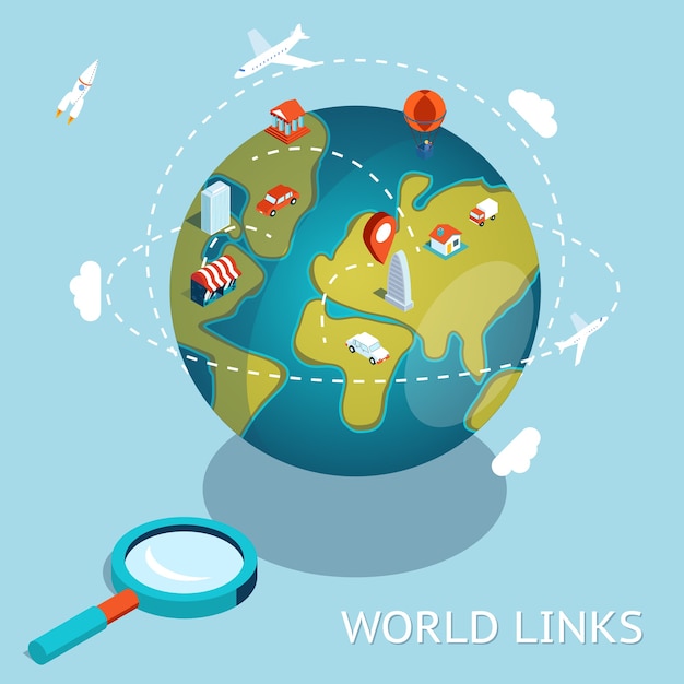 Free Vector world links. global communication air and car connection.