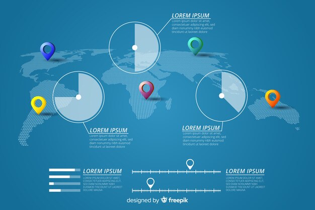 World map infographic with pinpoints and statistics