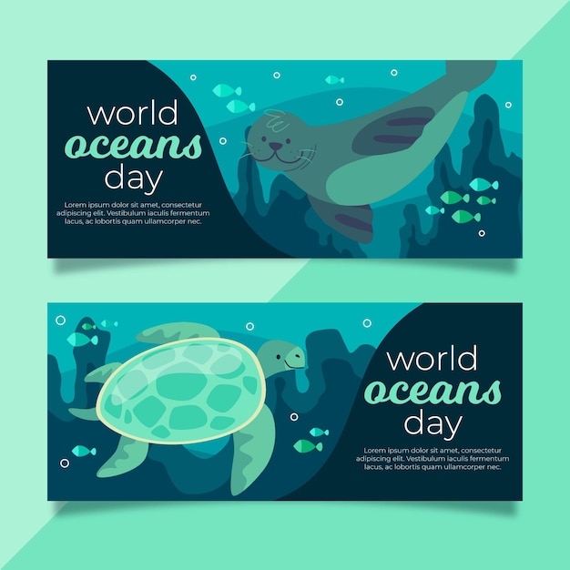 Free Vector world oceans day banners with seal and turtle