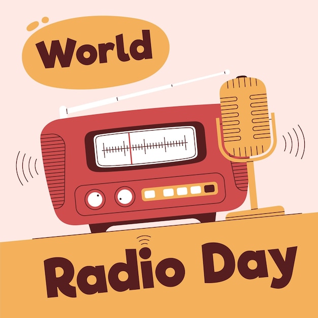 Free Vector world radio day hand drawn background with microphone