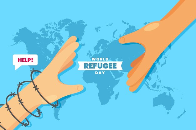 World refugee day with hands over world map