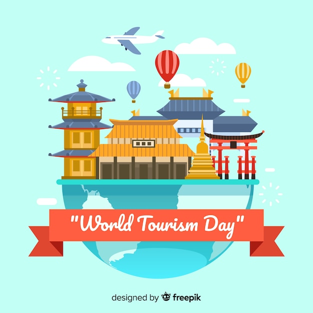 Free Vector world tourism day background with landmarks and transport