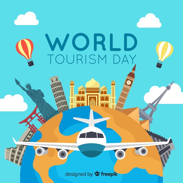 Free Vector world tourism day background with landmarks and transport