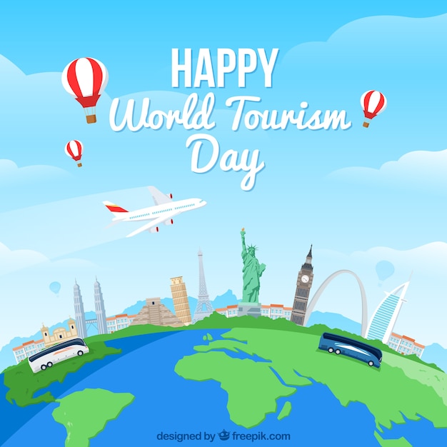 Free Vector world tourism day background with world and monuments