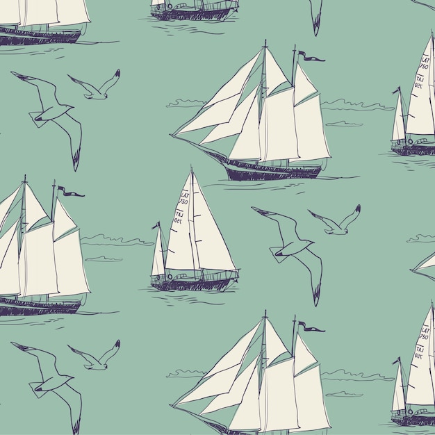 Free Vector the yacht sail the ocean. seamless pattern