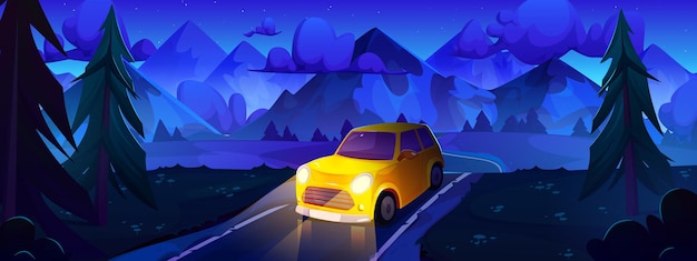 Free vector yellow car driving night road in mountain valley