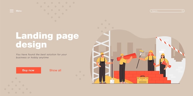 Free vector young cartoon people constructing brick building landing page template