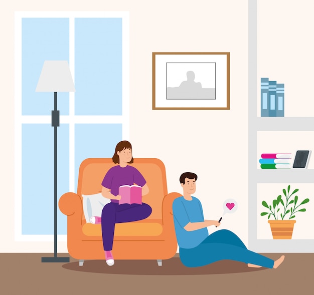 Free Vector young couple reading book in livingroom