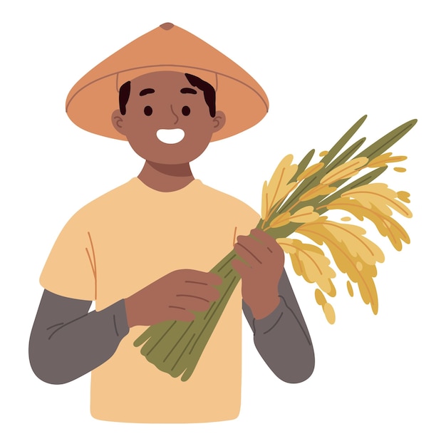 Free vector young farmer holding rice harvest