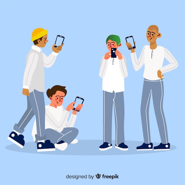 Free Vector young friends holding smartphones