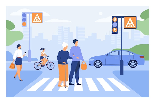 Free vector young man helping old woman crossing road flat illustration. cartoon elderly walking town crosswalk with help of guy