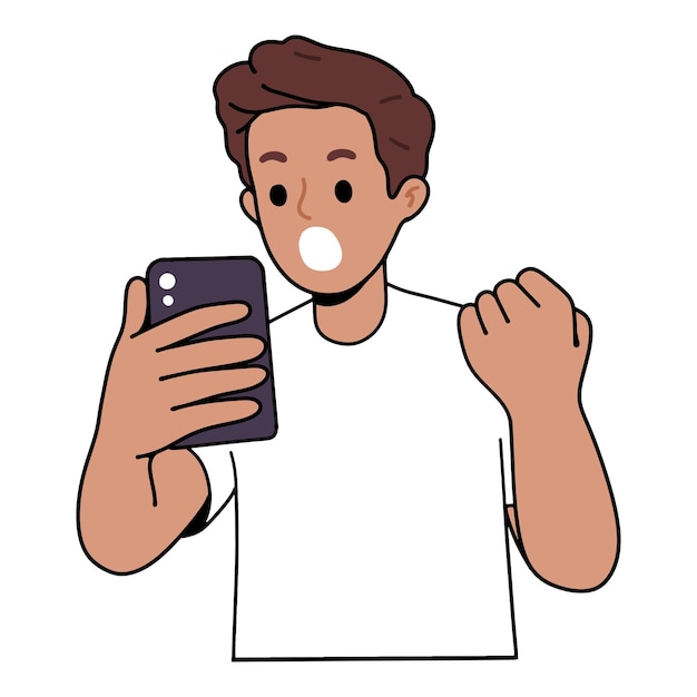 Free Vector young man looking at cellphone with happy surprised face