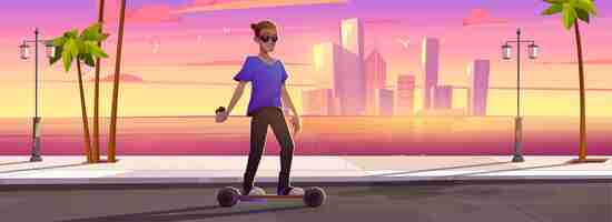 Free vector young man ride hoverboard in city park at sunset cityscape background with skyscrapers and palm trees at sea bay. character use eco-friendly vehicle, outdoor activities, cartoon vector illustration