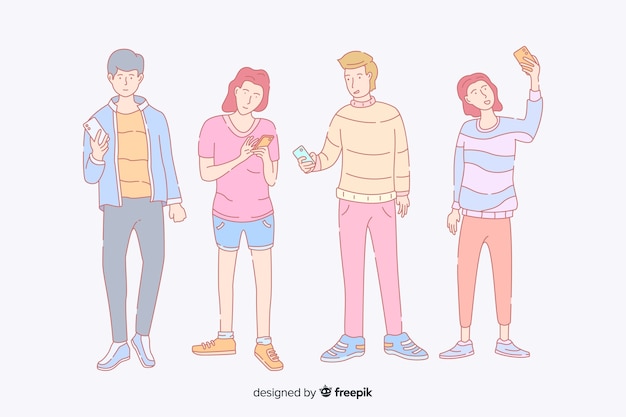 Free vector young people holding smartphones in korean drawing style