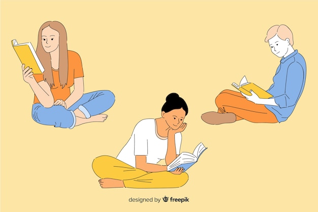 Free Vector young people reading in korean drawing style