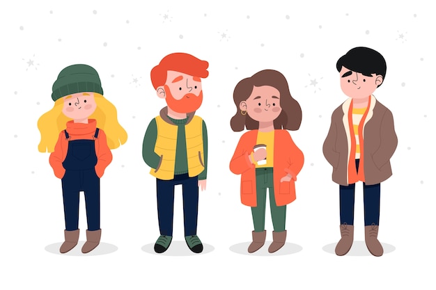 Free vector young people wearing winter clothes and staying in the snow