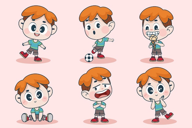 Free Vector young smart boy character with different facial expression and hand poses. 