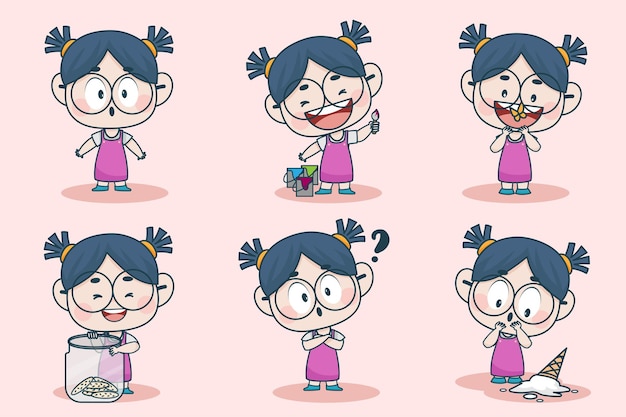 Free Vector young smart girl character with different facial expression and hand poses. 