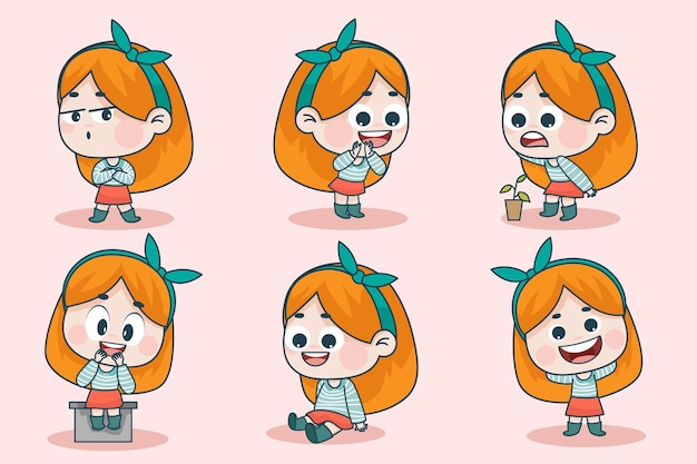 Free Vector young smart girl character with different facial expression and hand poses. 