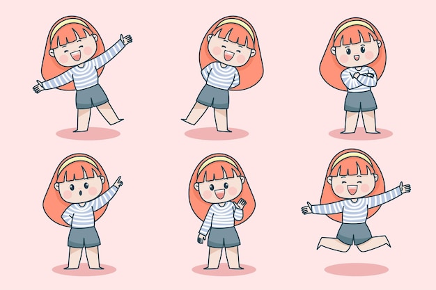 Free Vector young smart girl character with different facial expression and hand poses. 