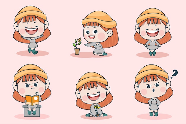 Free vector young smart girl character with different facial expression and hand poses.