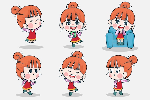 Free Vector young smart girl character with different facial expression and hand poses. 