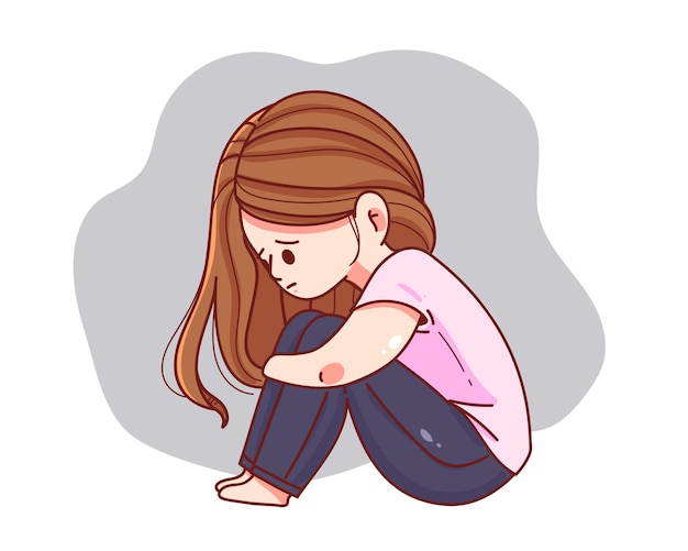 Free Vector young woman feeling sad tired and worried suffering depression cartoon hand drawn cartoon art illustration