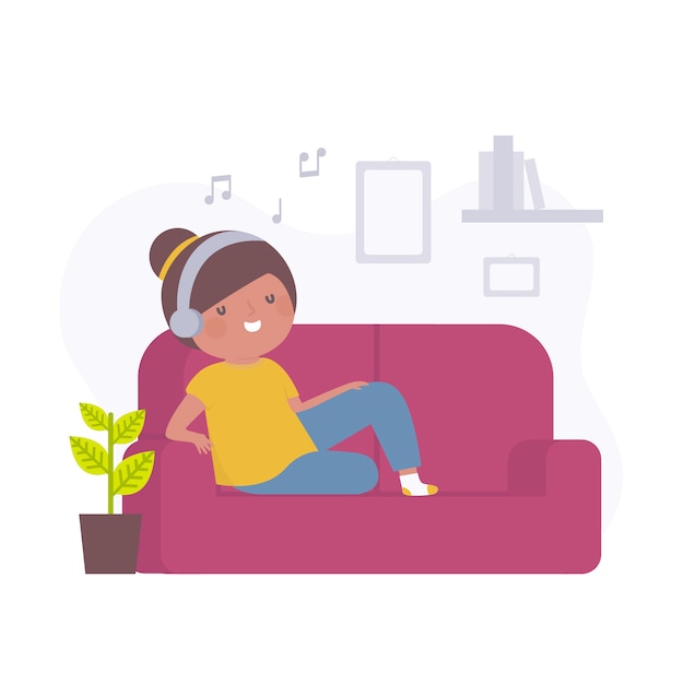 Free Vector young woman relaxing at home while listening to music