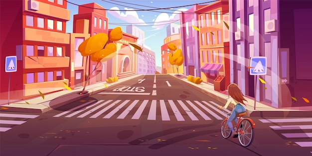 Free vector young woman riding bicycle on autumn city street