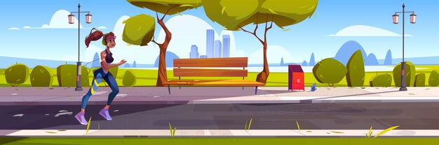 Young woman run in town park at morning. cartoon illustration with cityscape, trees and runner girl in headphones. Concept of healthy lifestyle, fitness outdoor and jogging